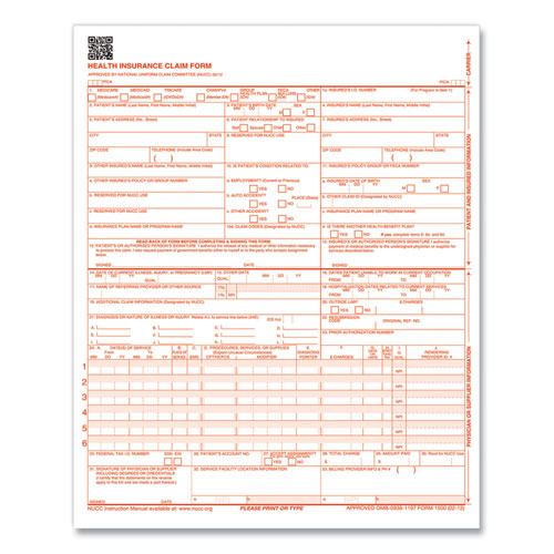 Image of ComplyRight® CMS12LC1 CMS-1500 Health Insurance Claim Form, One-Part (No Copies), 8.5 x 11, 1,000 Forms Total