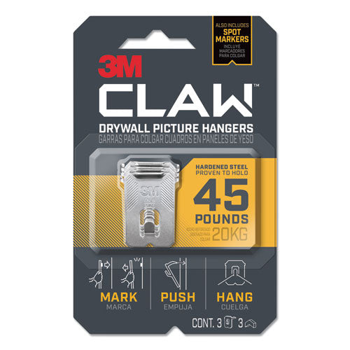 Image of 3M 3PH45M-3ES Claw Drywall Picture Hanger, Stainless Steel, 45 lb Capacity, 3 Hooks and 3 Spot Markers