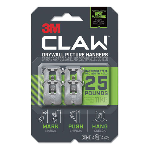 Image of 3M 3PH25M4ES Claw Drywall Picture Hanger, Stainless Steel, 25 lb Capacity, 4 Hooks and 4 Spot Markers,