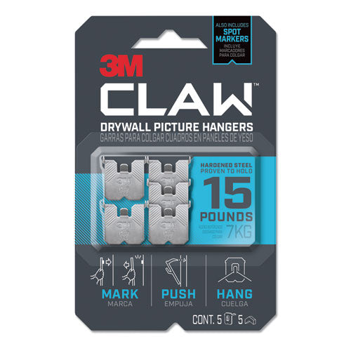 Image of 3M 3PH15M5ES Claw Drywall Picture Hanger, Stainless Steel, 15 lb Capacity, 5 Hooks and 5 Spot Markers