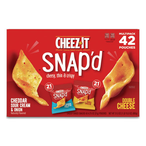 Image of Cheez-It® 2410011500 Snap'd Crackers Variety Pack, Cheddar Sour Cream And Onion; Double Cheese, 0.75 Oz Bag, 42/carton