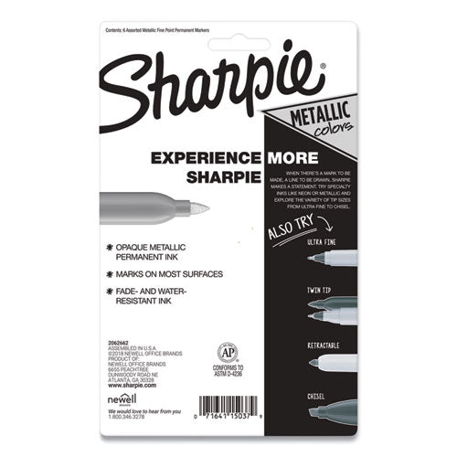 Image of Sharpie® 2029678 Metallic Fine Point Permanent Markers, Fine Bullet Tip, Blue-Green-Red, 6/pack