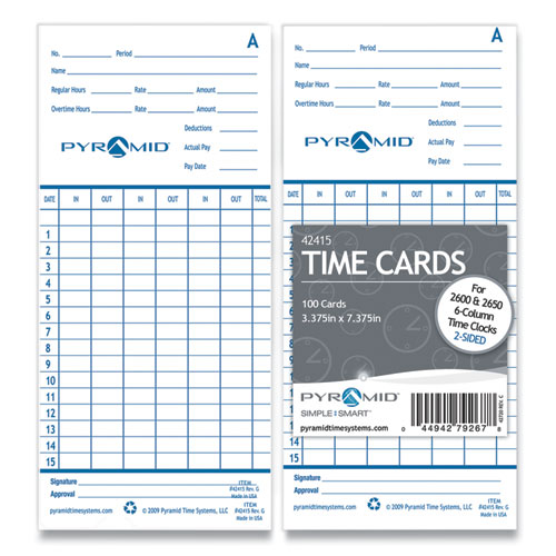 Image of Pyramid Technologies 42415 Time Clock Cards For Pyramid Technologies 2000/6000, Two Sides, 3.38 X 7.44, 100/pack
