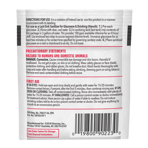 Image of Diversey 90223 Beer Clean Last Rinse Glass Sanitizer, Powder, 0.25 oz Pack, 100/Carton