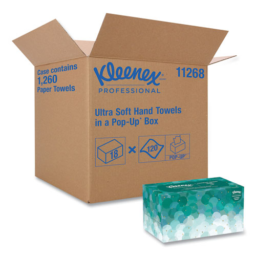 Image of Kleenex® 11268 Ultra Soft Hand Towels, POP-UP Box, 1-Ply, 8.9 x 10, White, 70/Box, 18 Boxes/Carton