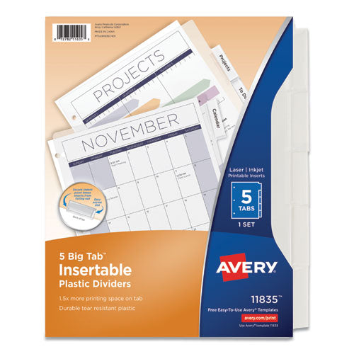 Image of Avery® 11835 Insertable Big Tab Plastic Dividers, 5-Tab, 11 X 8.5, Clear, 1 Set