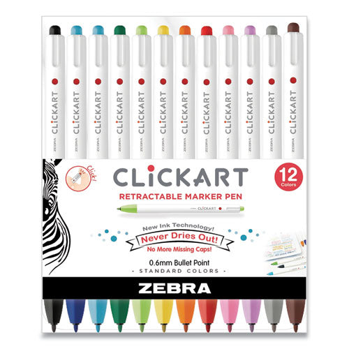 Image of Zebra® 69012 ClickArt Porous Point Pen, Retractable, Fine 0.6mm, Assorted Ink Colors, White Barrel, 12/Pack
