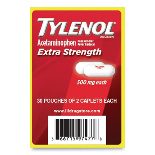 Image of Tylenol® 97477 Acetaminophen, 500 mg, Extra Strength Caplets, Refill, 2 /Packet, 30 Packets/Box