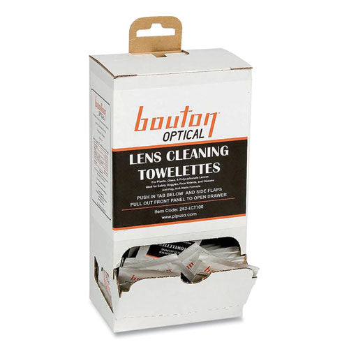 Image of Bouton® 252-LCT100 Optical Lens Cleaning Towelettes, Individually Wrapped In Dispenser Box, 100/box