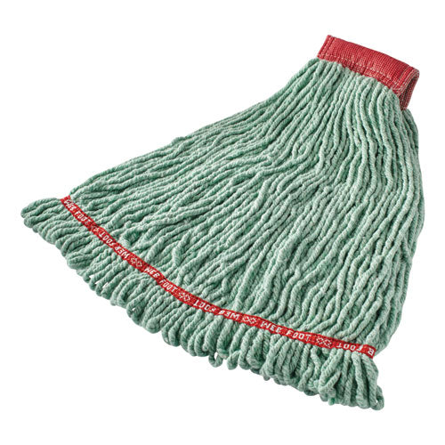 Image of Rubbermaid® Commercial FGA25306GR00 Web Foot Shrinkless Looped-End Wet Mop Head, Cotton/synthetic, Large, Green, 5" Red Headband