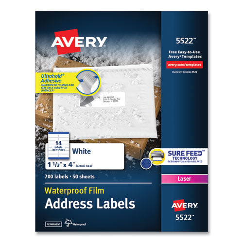 Image of Avery® 05522 Waterproof Address Labels With Trueblock And Sure Feed, Laser Printers, 1.33 X 4, White, 14/sheet, 50 Sheets/pack