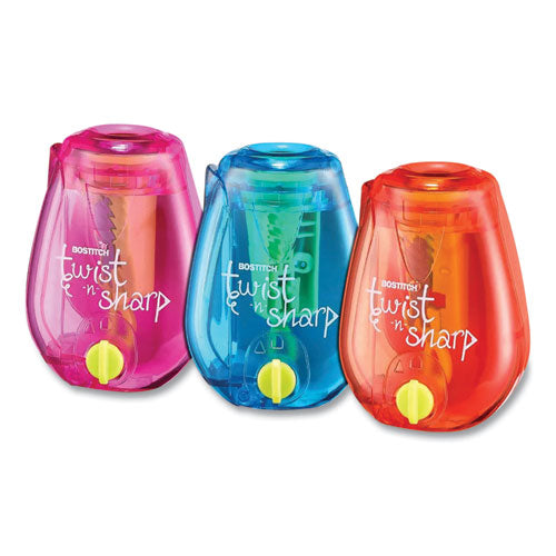 Image of BostitchÂ® Twist-N-Sharp Pencil Sharpener, One-Hole, 3.5 X 1.25 X 5.5, Assorted Colors, 3/box
