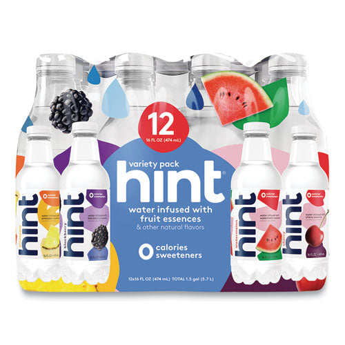 Image of hint® HNT00149 Flavored Water Variety Pack, 3 Blackberry, 3 Cherry, 3 Pineapple, 3 Watermelon, 16 Oz Bottle, 12 Bottles/carton