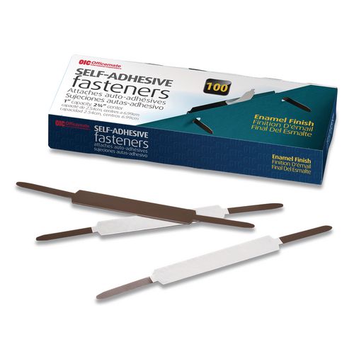 Image of Officemate OIC99875 Self-Adhesive Two-Prong Folder Fastener Bases, 1" Capacity, 2.75" Center to Center, Brown, 100/Box