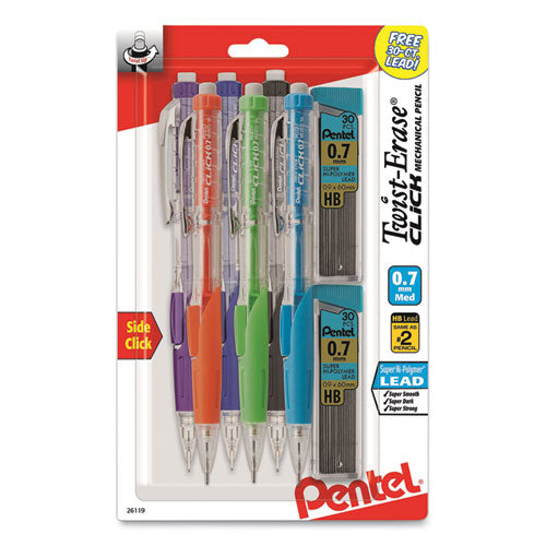 Image of Pentel® PD277TLBPS6M Twist-Erase CLICK Mechanical Pencil, 0.7 mm, HB (#2), Black Lead, Assorted Barrel Colors, 6/Pack