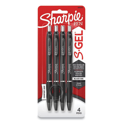 Image of Sharpie® S-Gel 2096140 S-GEL HIGH-PERFORMANCE GEL PEN, RETRACTABLE, FINE 0.5 MM, BLACK INK, BLACK BARREL, 4/PACK