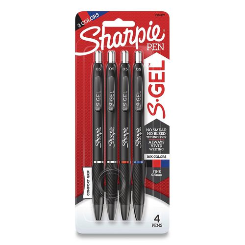 Image of Sharpie® S-Gel 2116199 S-GEL HIGH-PERFORMANCE GEL PEN, RETRACTABLE, FINE 0.5 MM, ASSORTED INK COLORS, BLACK BARREL, 4/PACK