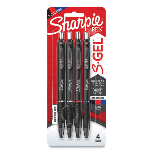 Image of Sharpie® S-Gel 2116198 S-Gel High-Performance Gel Pen, Retractable, Bold 1 mm, Assorted Ink Colors, Black Barrel, 4/Pack