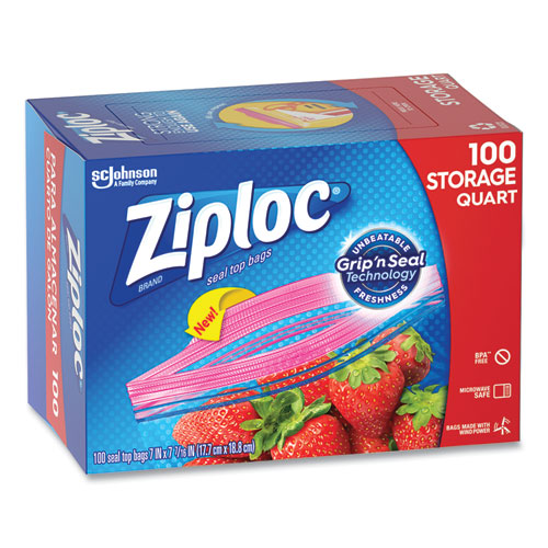 Image of ZiplocÂ® Seal Top Bags, Quart, 7.44" x 7", Clear, 100/Box