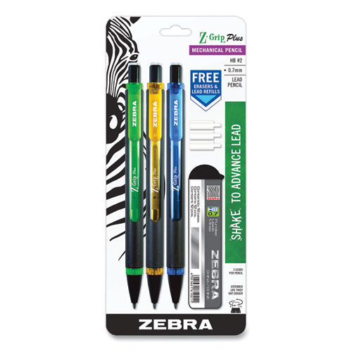 Image of Zebra® 55403 Z-Grip Plus Mechanical Pencil, 0.7mm, HB (#2), Black Lead, Assorted Barrel Colors, 3/Pack