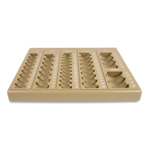 Image of CONTROLTEK® 500025 Stackable Plastic Coin Counting Tray for Pennies, Nickels, Dimes, Quarters, Half-Dollars and Dollars, Tan