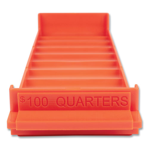 Image of CONTROLTEKÂ® Stackable Plastic Coin Tray, Quarters, 10 Compartments, Stackable, 3.75 X 11.5 X 1.5, Orange, 2/pack