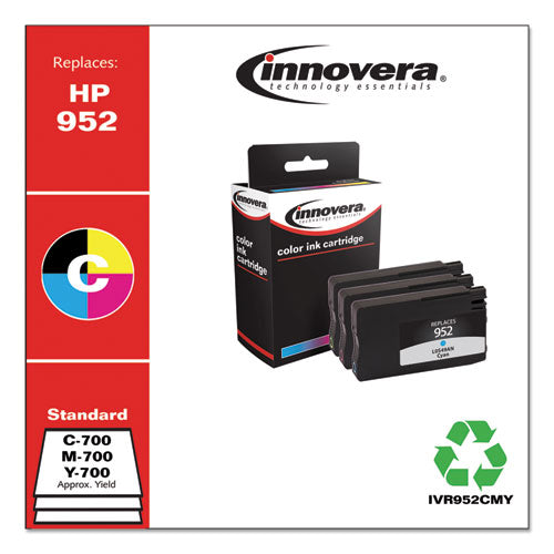 Image of Innovera® IVR952CMY Remanufactured Cyan/Magenta/Yellow Ink, Replacement for 952 (N9K27AN), 700 Page-Yield