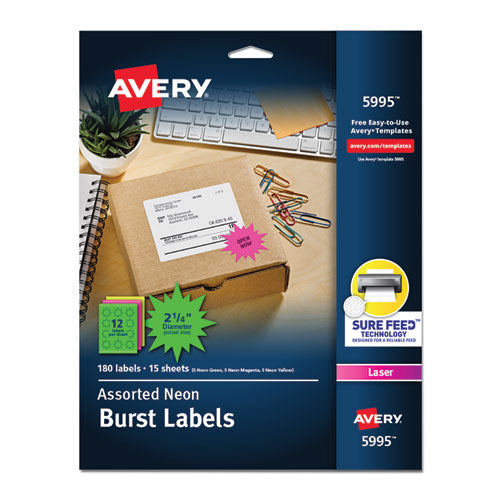Image of Avery® 05995 High-Visibility ID Labels, Laser Printers, 2.25" dia, Assorted, 12/Sheet, 15 Sheets/Pack