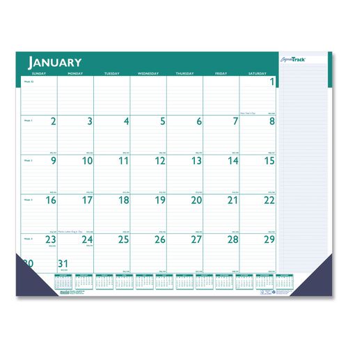 Image of House Of Doolittle Express Track Monthly Desk Pad Calendar, 22 x 17, White/Teal Sheets, Teal Binding, 13-Month: Jan 2025 to Jan 2026