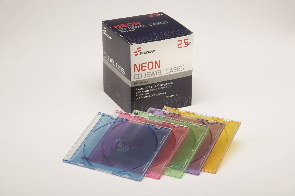 Image of SKILCRAFT® CD Case, Slim, Blue, Green, Purple, Red and Yellow, 25/Package, Case of 8 Packages