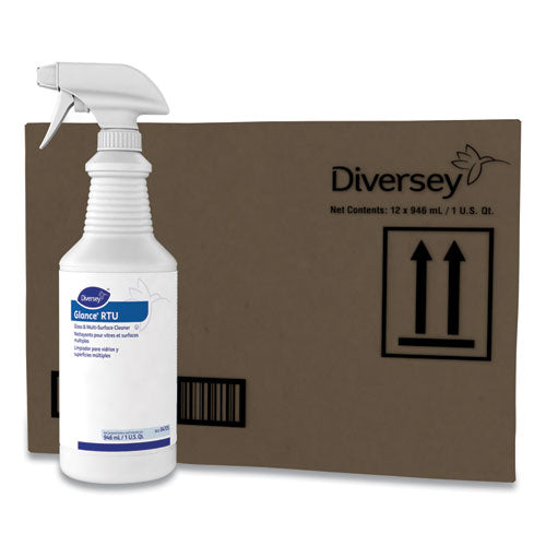 Image of Diversey 04705. Glance Glass and Multi-Surface Cleaner, Original, 12 Capped 32 oz Bottles and One Trigger Sprayer, 12/Carton