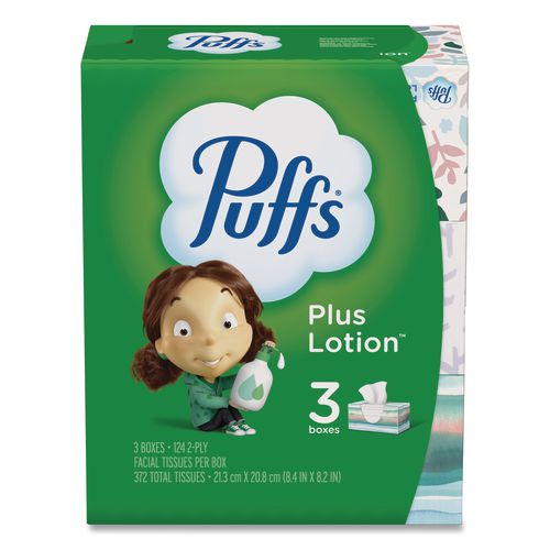 Image of Puffs® 39363BX Plus Lotion Facial Tissue, 2-Ply, White, 124 Sheets/Box, 3 Box/Pack
