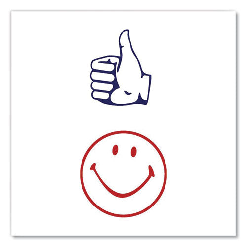 Image of ACCUSTAMP® 032934 Dual Message Pre-Inked Round Stamp, Smiley Face/Thumbs-Up, 0.63" dia, Red/Blue