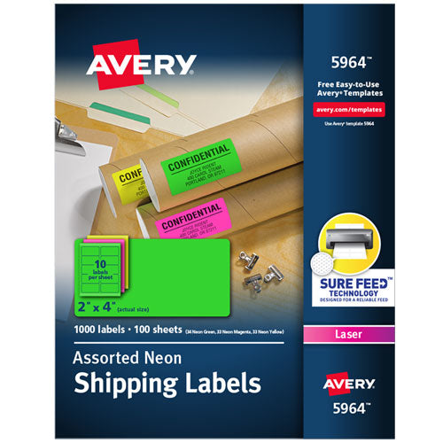 Image of Avery® 5964 High-Visibility Permanent Laser Id Labels, 2 X 4, Neon Assorted, 1000/box