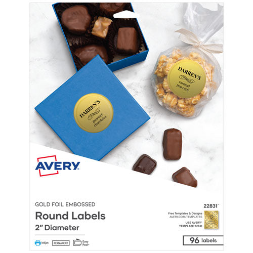 Image of Avery® 22831 Round Labels, Inkjet Printers, 2" dia, Gold, 12/Sheet, 8 Sheets/Pack
