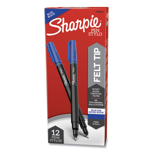 Image of Sharpie® 1742664 Water-Resistant Ink Porous Point Pen, Stick, Fine 0.4 mm, Blue Ink, Black/Blue Barrel, Dozen