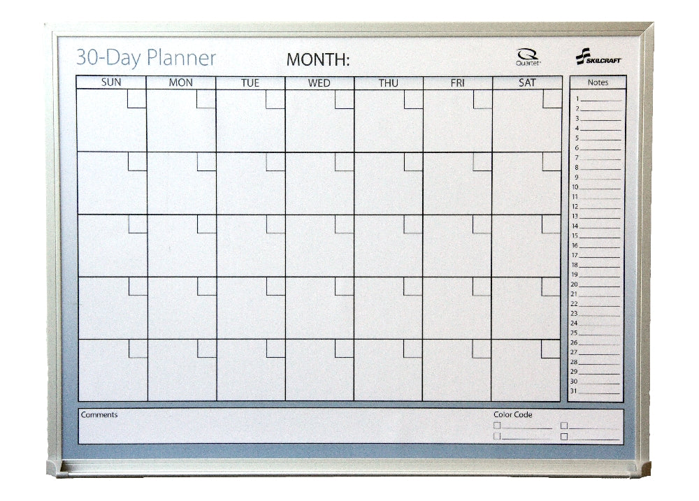 Image of Quartet® SKILCRAFT® Dry Erase 30-Day Monthly Control Planner Board, 24" x 18"