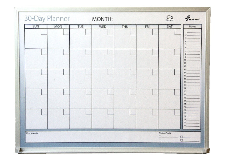 Image of Quartet® SKILCRAFT® Dry Erase 30-Day Monthly Control Planner Board, 24" x 18"