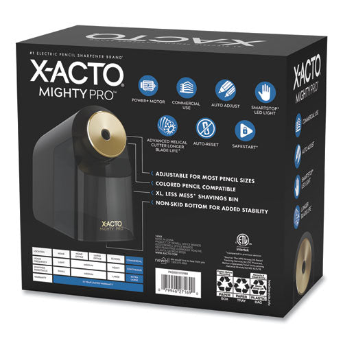 Image of X-ACTO® 1606X Model 1606 Mighty Pro Electric Pencil Sharpener, Ac-Powered, 4 X 8 X 7.5, Black/gold/smoke
