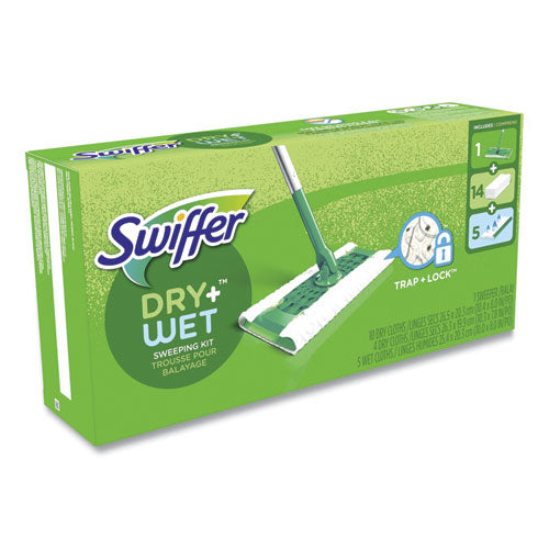 Image of Swiffer® 49947 Sweeper Mop, 10 x 4.8 White Cloth Head, 46" Silver/Green Aluminum/Plastic Handle