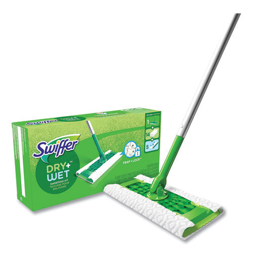 Image of Swiffer® 49947 Sweeper Mop, 10 x 4.8 White Cloth Head, 46" Silver/Green Aluminum/Plastic Handle
