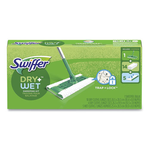 Image of Swiffer® 49947 Sweeper Mop, 10 x 4.8 White Cloth Head, 46" Silver/Green Aluminum/Plastic Handle