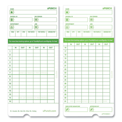 Image of uPunch HNTCG1050 Time Clock Cards For Upunch Hn3000, Two Sides, 7.37 X 3.37, 50/pack