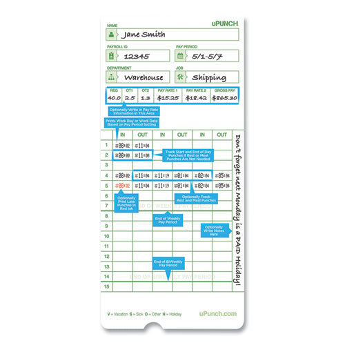 Image of uPunch HNTCG1050 Time Clock Cards For Upunch Hn3000, Two Sides, 7.37 X 3.37, 50/pack