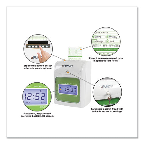 Image of uPunch HN1500 HN1500 Electronic Non-Calculating Time Clock Bundle, Digital Display, Beige/Green