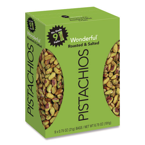 Image of Paramount Farms® PAR91100 Wonderful No Shells Pistachios, Roasted And Salted, 0.75 Oz Bag, 9 Bags/box, 4 Boxes/carton