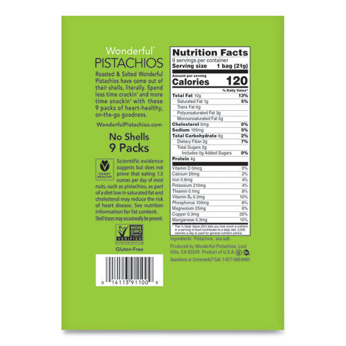 Image of Paramount Farms® PAR91100 Wonderful No Shells Pistachios, Roasted And Salted, 0.75 Oz Bag, 9 Bags/box, 4 Boxes/carton