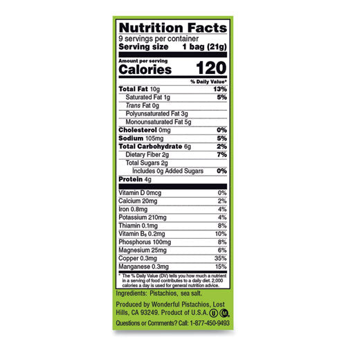 Image of Paramount Farms® PAR91100 Wonderful No Shells Pistachios, Roasted And Salted, 0.75 Oz Bag, 9 Bags/box, 4 Boxes/carton