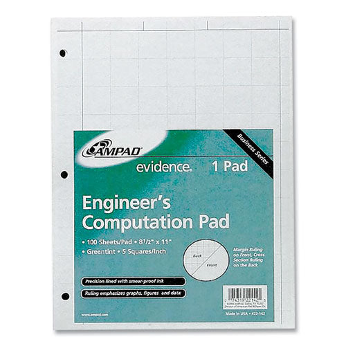 Image of Ampad® 22-142 Evidence Engineer's Computation Pad, Quadrille Rule (5 sq/in, 1 sq/in), (100) Green-Tint 8.5 x 11 Sheets