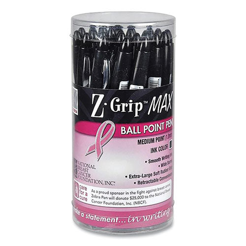 Image of Zebra® 32577 Z-Grip MAX Breast Cancer Awareness Ballpoint Pen, Retractable, Bold 1.2 mm, Black Ink, Silver/Black Barrel, 24/Pack